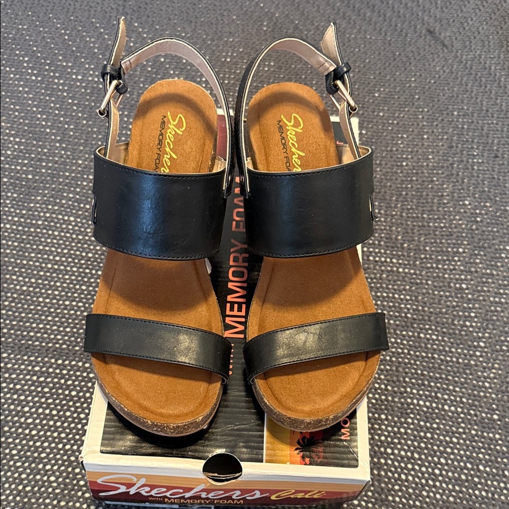 Skechers Black and Tan Memory Foam Slingback Sandals for Women